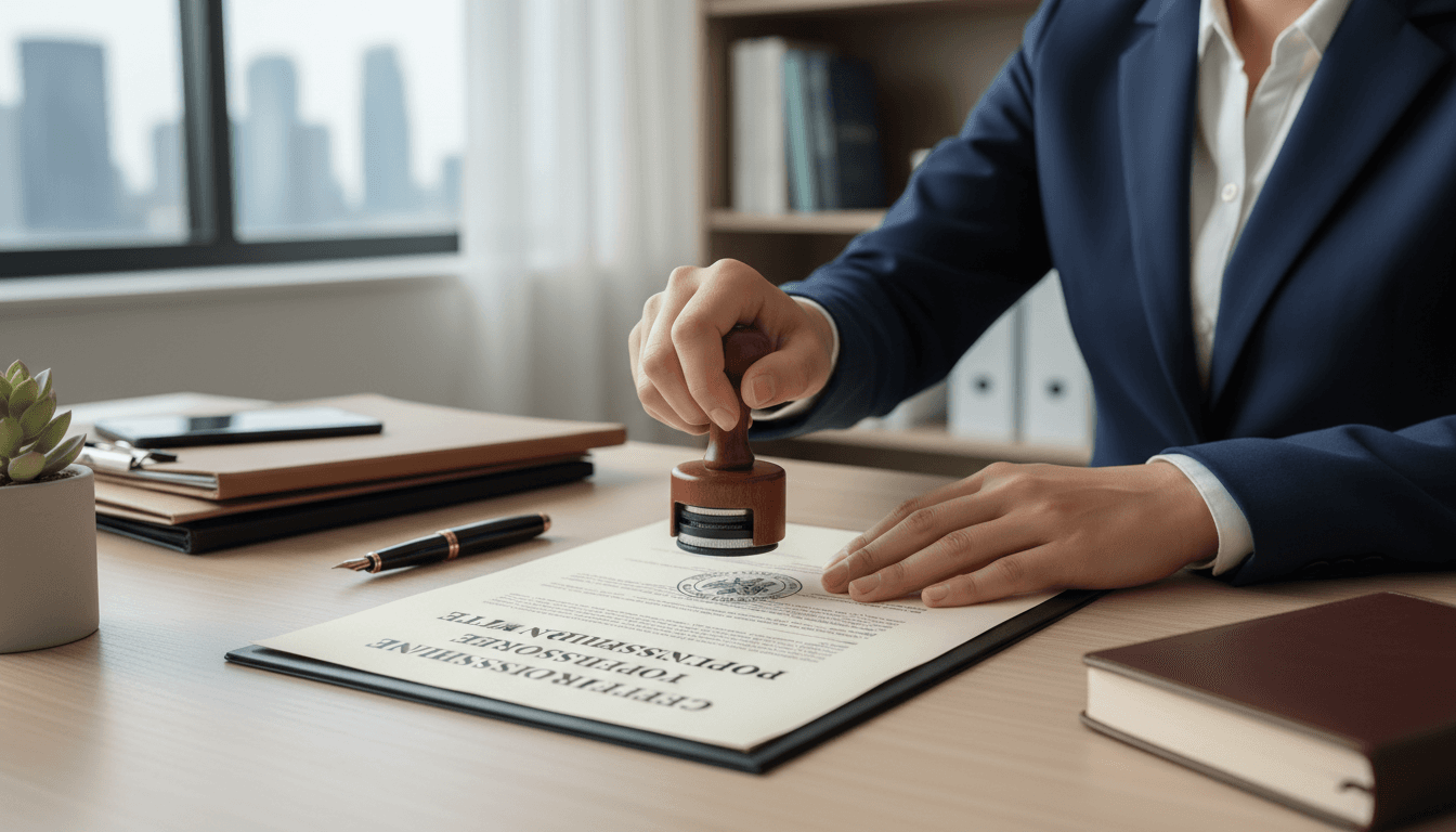 Notary stamping an official document