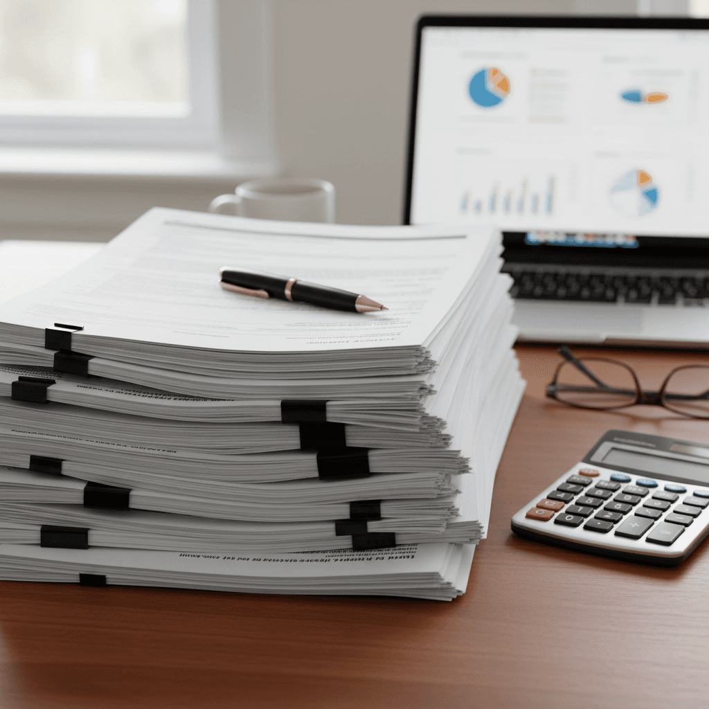 Stack of mortgage loan documents with a pen and calculator on a desk