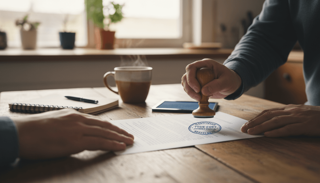 Notary stamping a document on a kitchen table