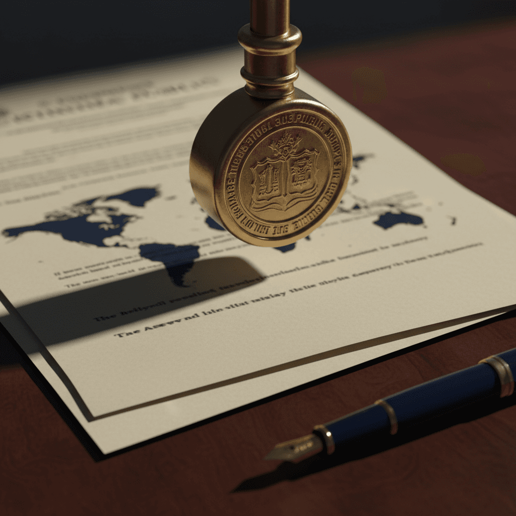 Notary seal being pressed onto international documents with a world map watermark