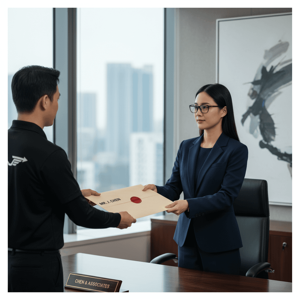 Courier handing a sealed envelope to a professional in an office
