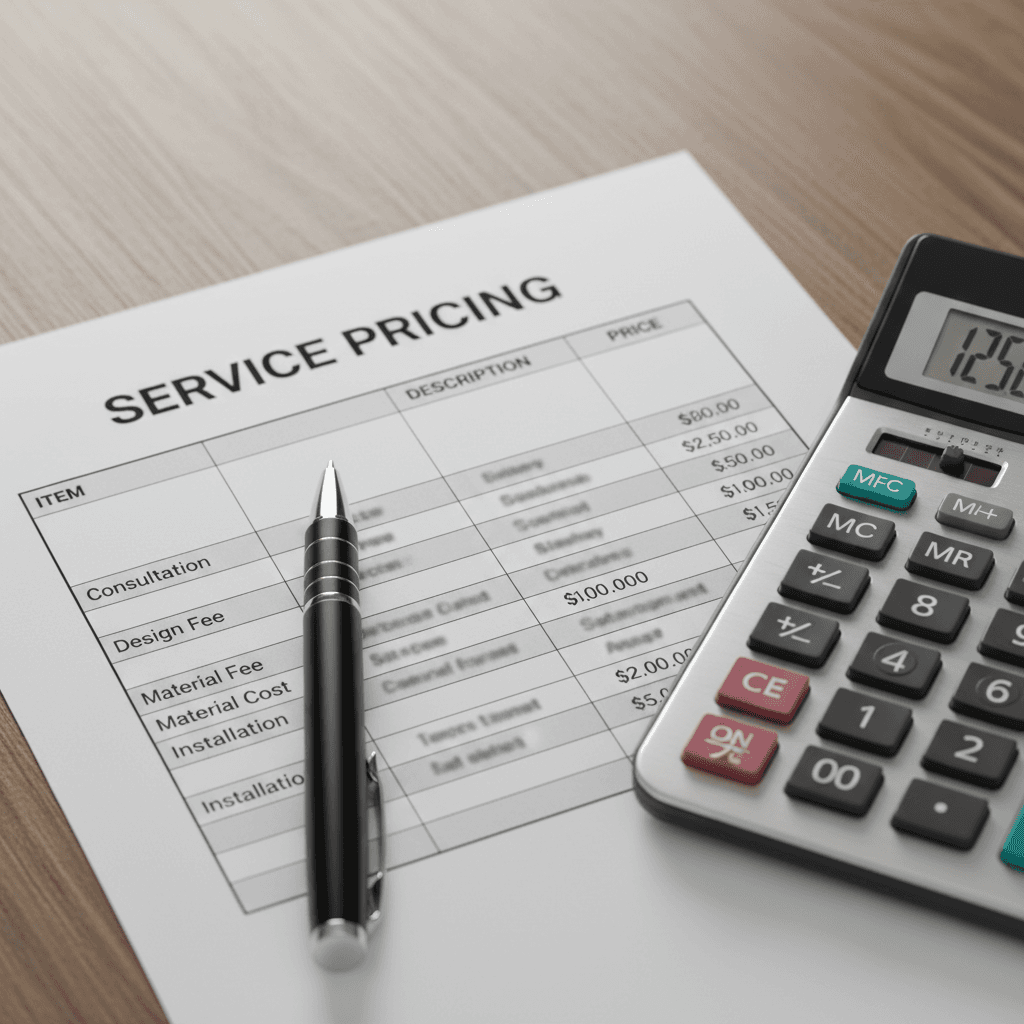 Clear pricing details on a notary's table