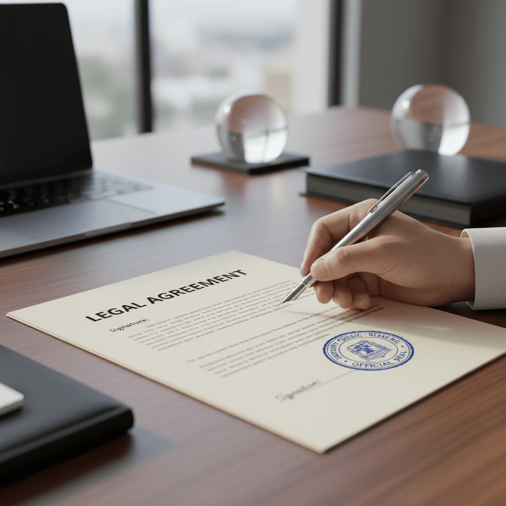 Client signing document while notary stamp is ready