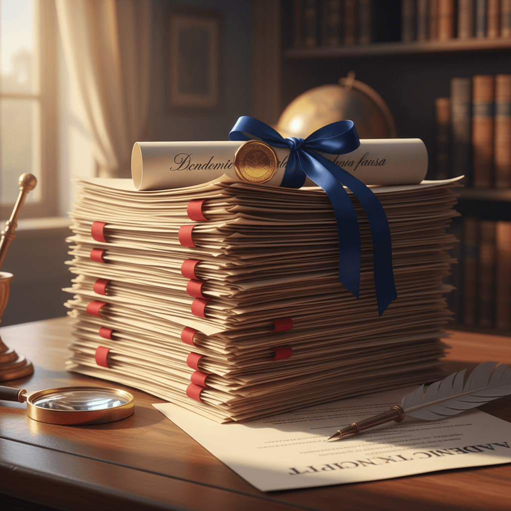 Stack of academic transcripts and diploma on wooden desk warm lighting