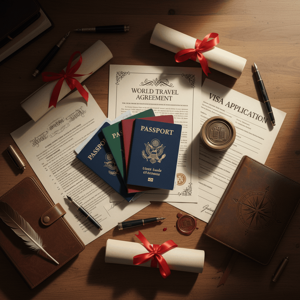 Passports and legal documents arranged on a desk