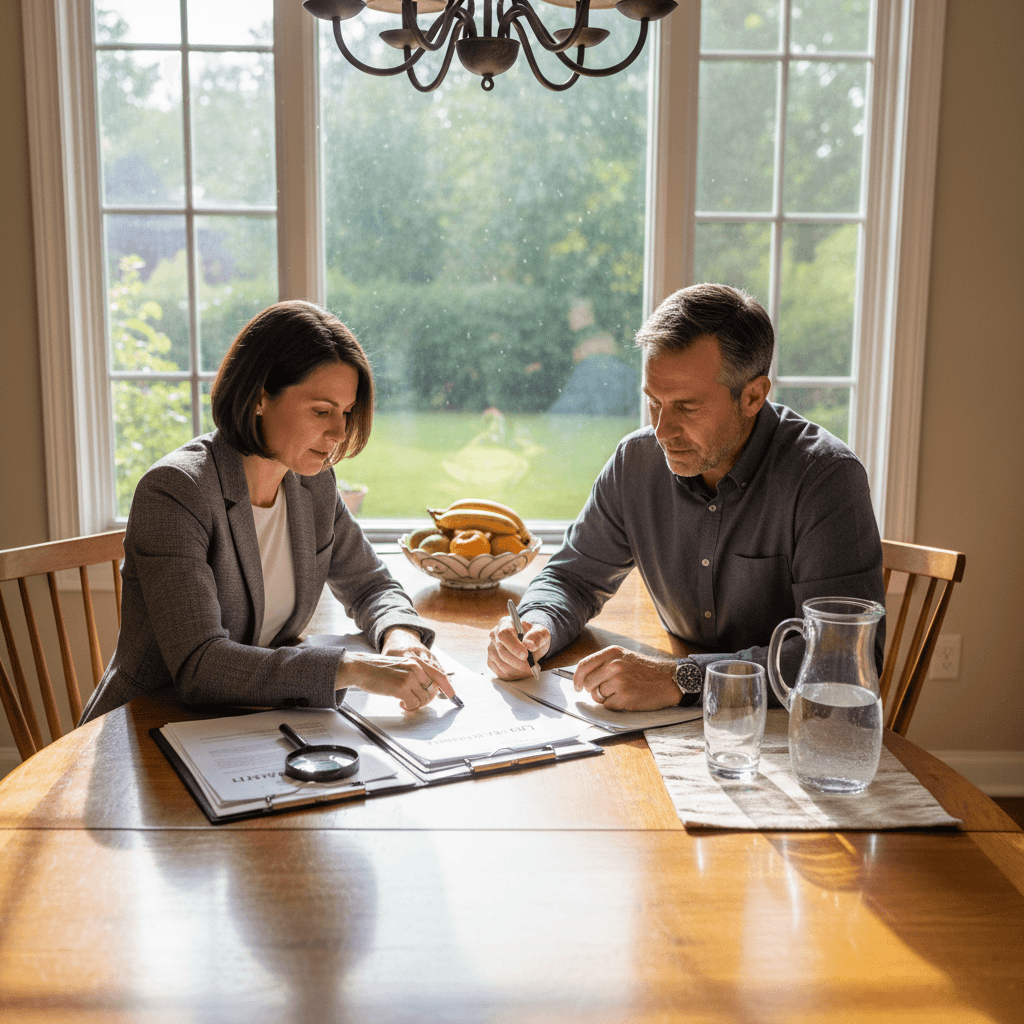 notary reviewing loan documents with homeowner at kitchen table in well-lit home