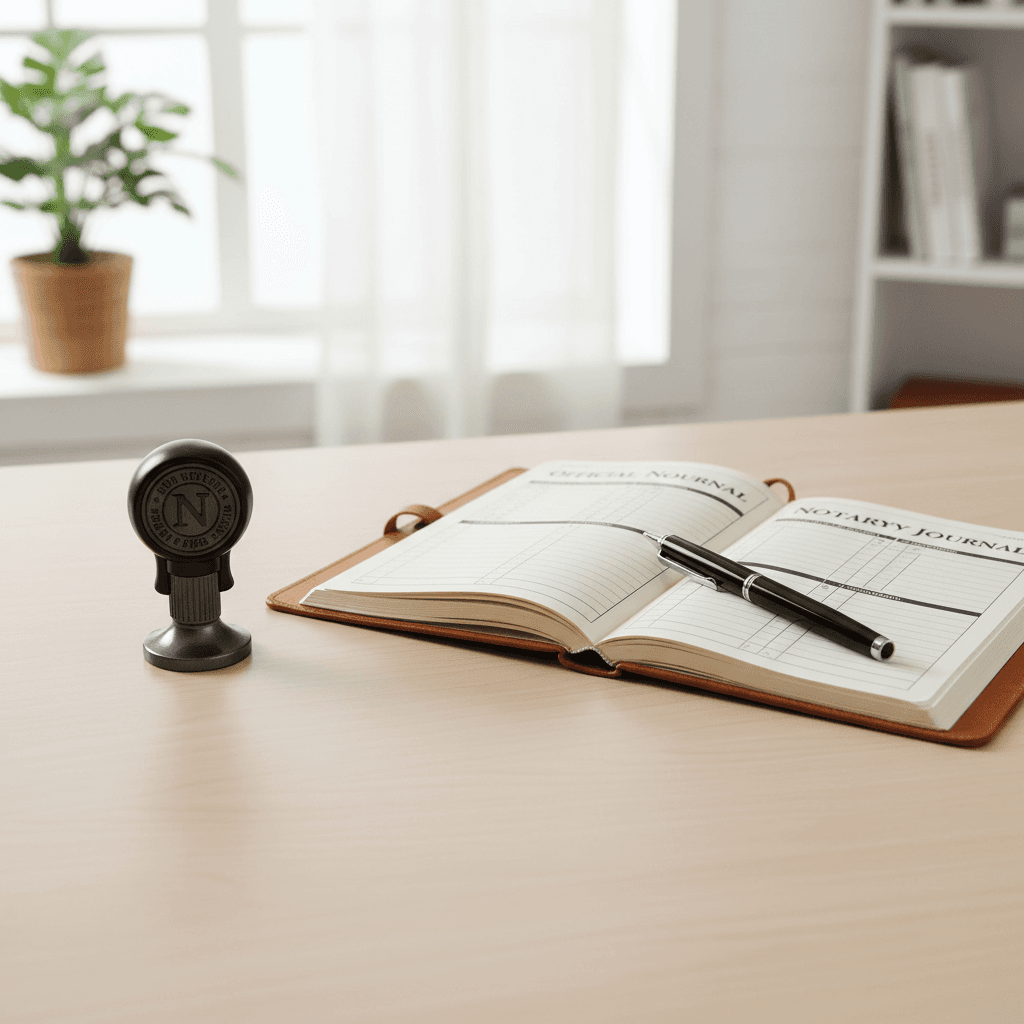 Notary stamp and journal on a desk