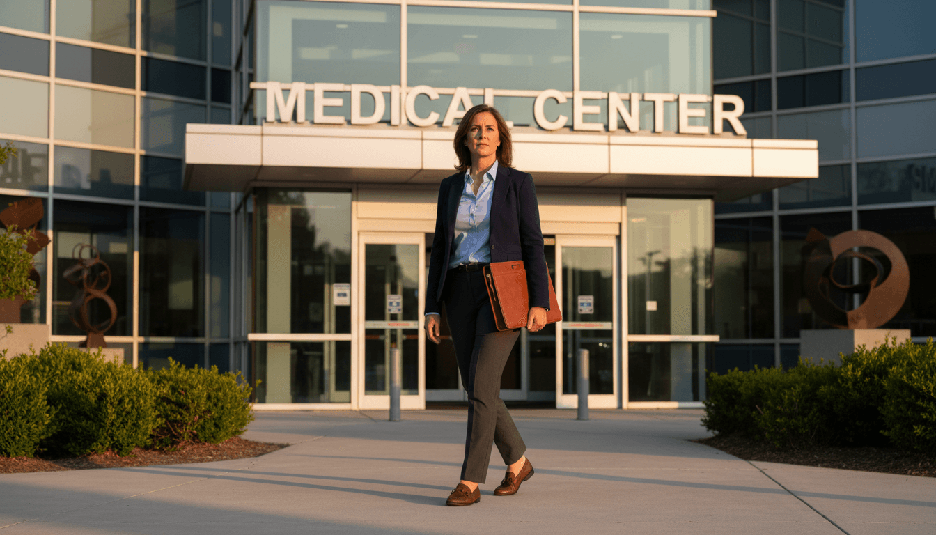 Notary arriving at a hospital with portfolio