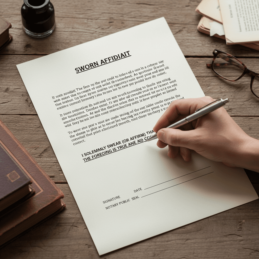 hand holding pen over sworn affidavit document on wooden desk