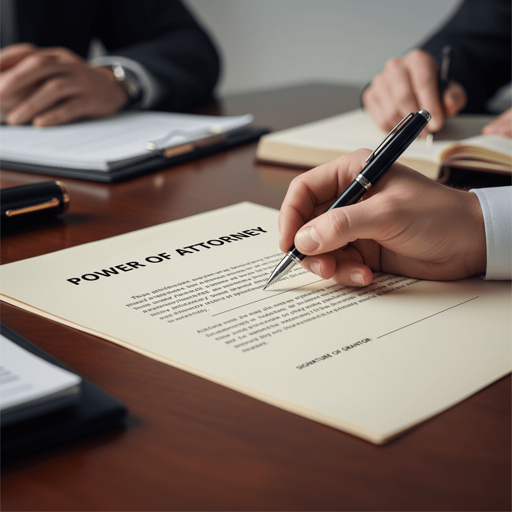 Person signing a power of attorney document at a desk