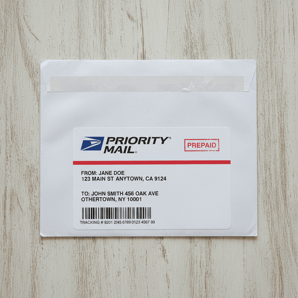 Sealed envelope with a prepaid shipping label ready for mailing