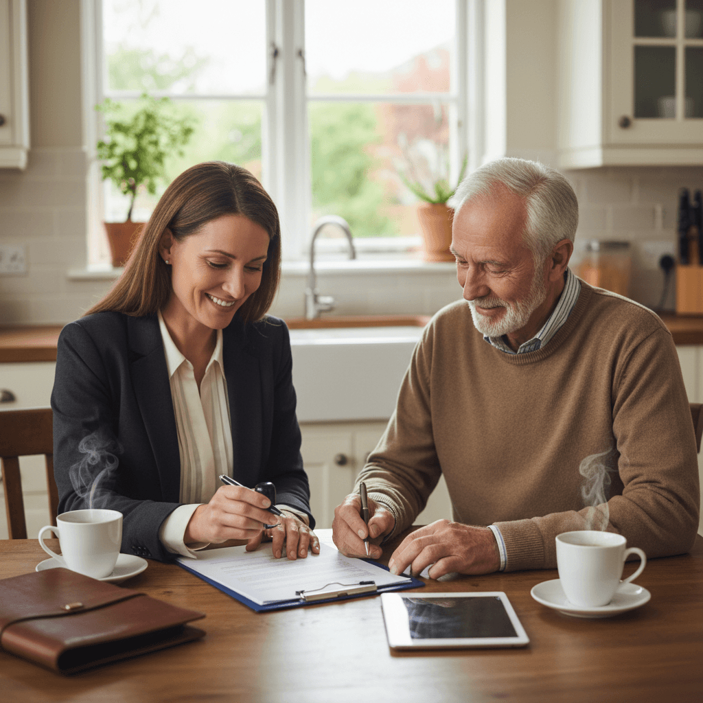 Mobile notary professional meeting a client at home at a kitchen table