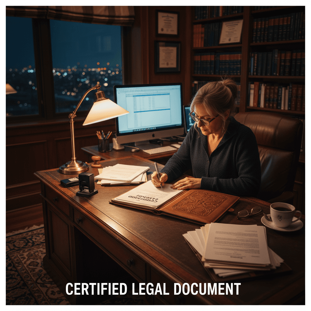 Notary working late at night at a home office desk with documents