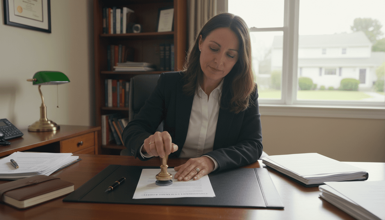 Notary stamping an official document at a home desk