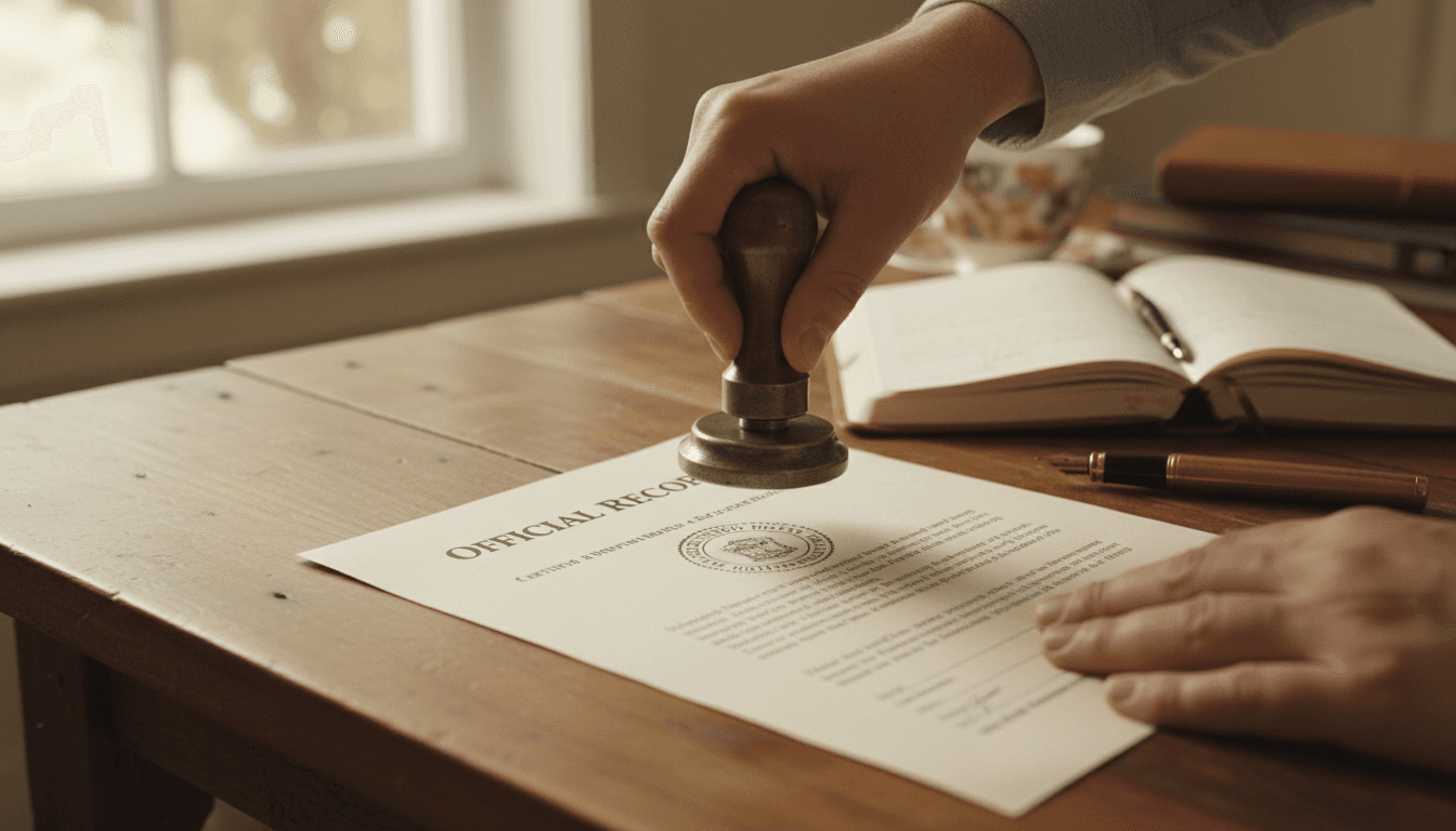 Notary stamping a document on a kitchen table