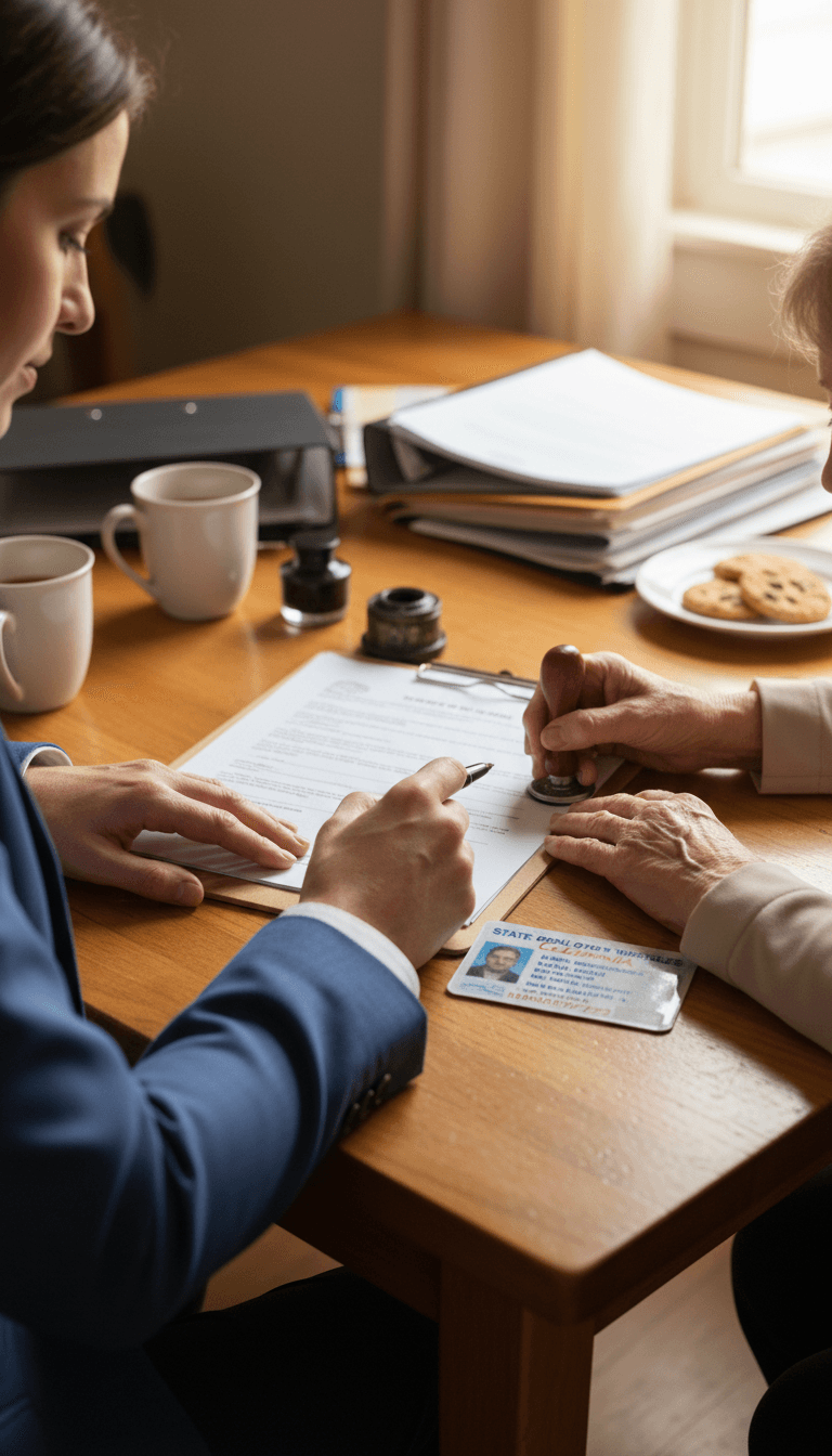 Notary and client signing documents at a table in a Salt Lake Valley home