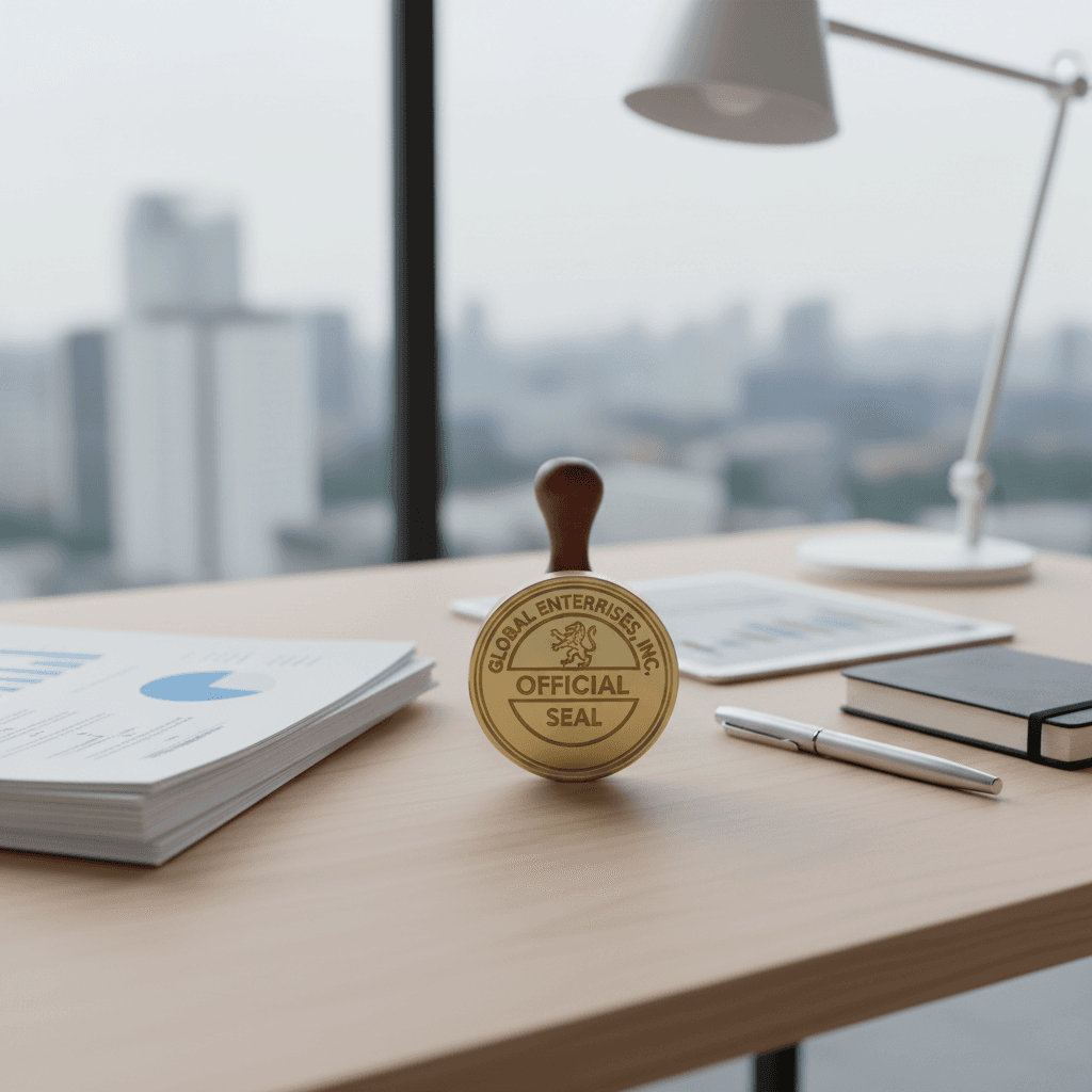Business documents and corporate seal on clean modern office desk