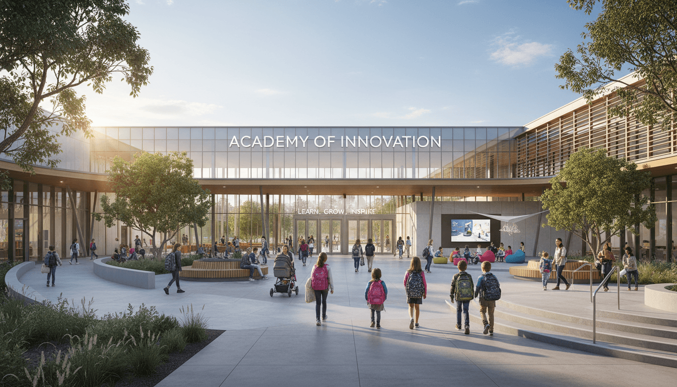 Modern school building exterior with students and families arriving during morning, featuring contemporary architecture and landscaping