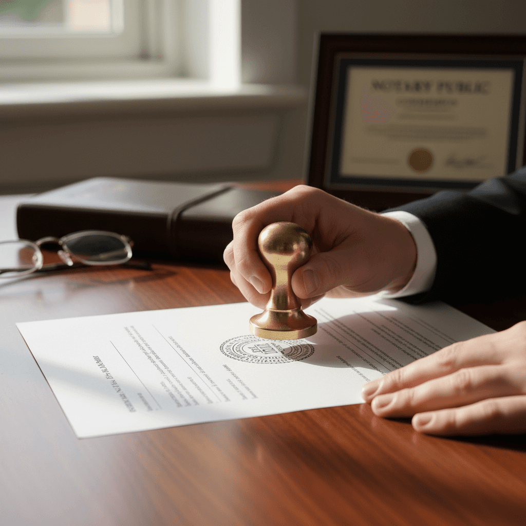Notary stamping document on desk