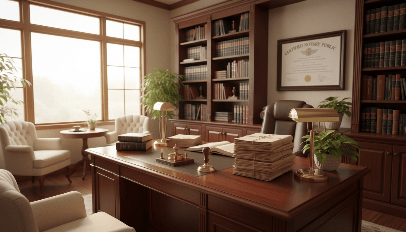 Dark office interior at night with desk lamp illuminating documents and notary stamp, professional and quiet atmosphere