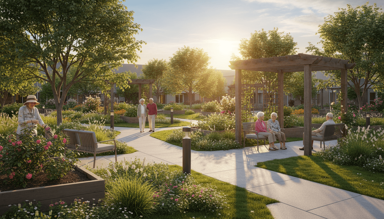 Diverse senior residents enjoying accessible outdoor garden courtyard with pathways, seating, and landscaping in golden hour light